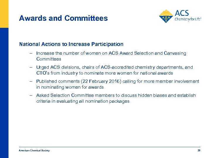 Awards and Committees National Actions to Increase Participation – Increase the number of women