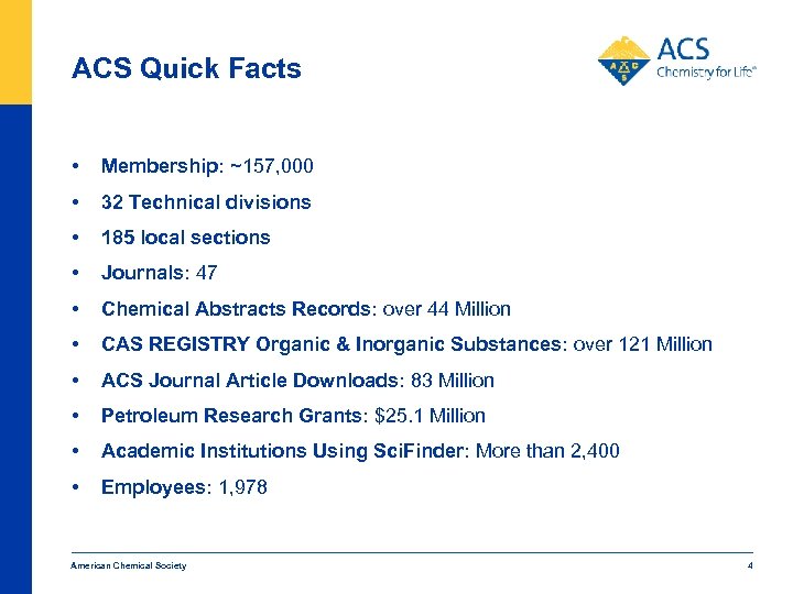 ACS Quick Facts • Membership: ~157, 000 • 32 Technical divisions • 185 local