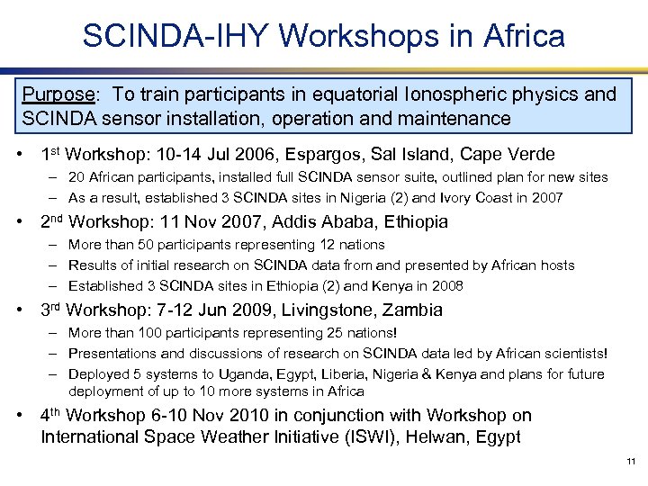 SCINDA-IHY Workshops in Africa Purpose: To train participants in equatorial Ionospheric physics and SCINDA