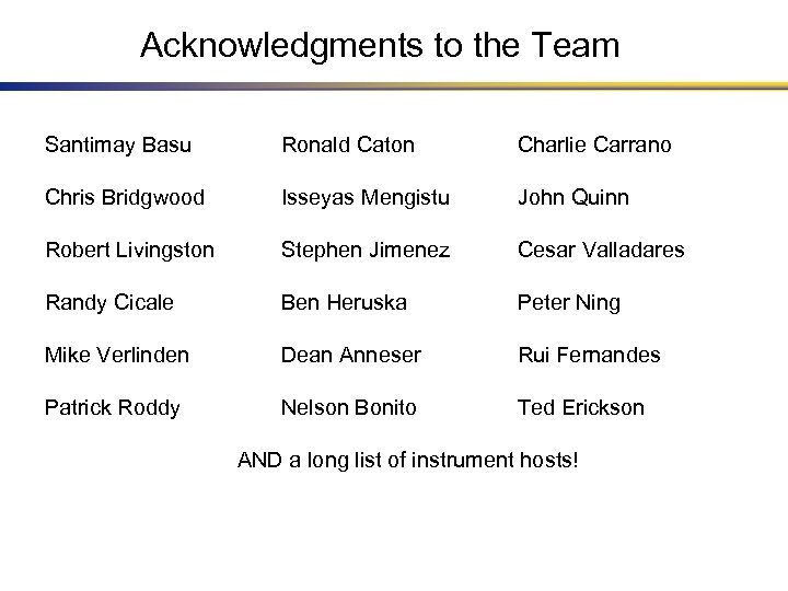 Acknowledgments to the Team Santimay Basu Ronald Caton Charlie Carrano Chris Bridgwood Isseyas Mengistu