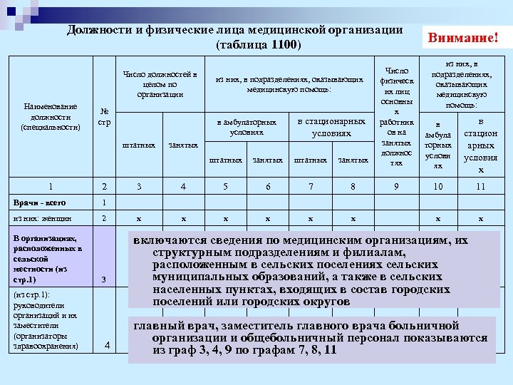Должности и физические лица медицинской организации (таблица 1100) штатных Число должностей в целом по