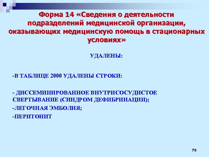 Форма 14 «Сведения о деятельности подразделений медицинской организации, оказывающих медицинскую помощь в стационарных условиях»