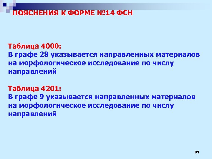 ПОЯСНЕНИЯ К ФОРМЕ № 14 ФСН Таблица 4000: В графе 28 указывается направленных материалов