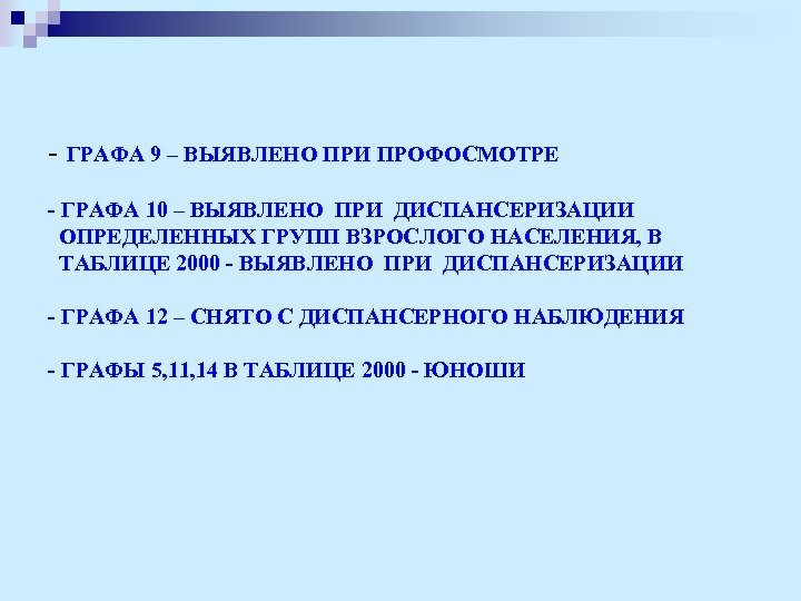 - ГРАФА 9 – ВЫЯВЛЕНО ПРИ ПРОФОСМОТРЕ - ГРАФА 10 – ВЫЯВЛЕНО ПРИ ДИСПАНСЕРИЗАЦИИ