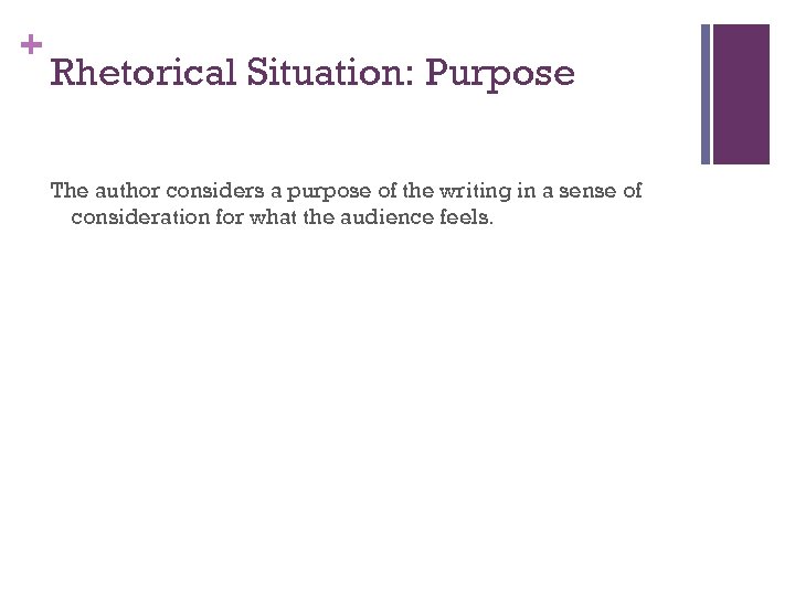 + Rhetorical Situation: Purpose The author considers a purpose of the writing in a