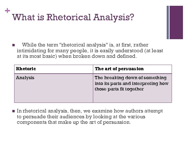 + What is Rhetorical Analysis? n While the term 