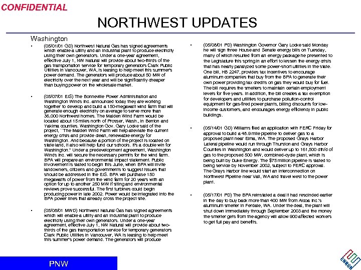 CONFIDENTIAL NORTHWEST UPDATES Washington • (05/01/01 GD) Northwest Natural Gas has signed agreements which