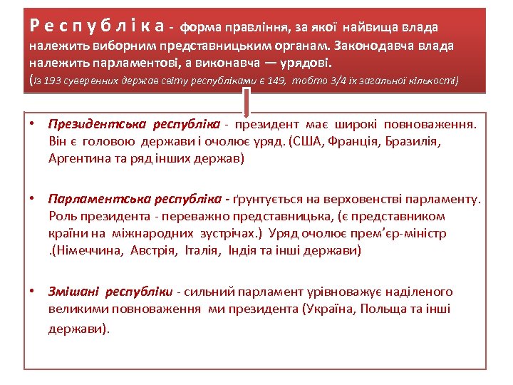 Республіка- форма правління, за якої найвища влада належить виборним представницьким органам. Законодавча влада належить
