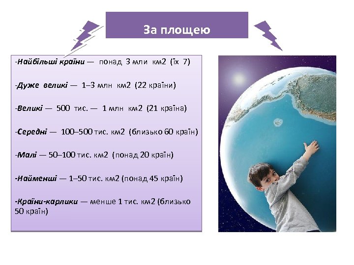 За площею -Найбільші країни — понад 3 мли км 2 (їх 7) -Дуже великі