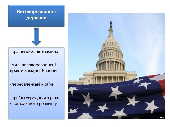 Високорозвинені держави -країни «Великої сімки» -малі високорозвинені країни Західної Європи -переселенські країни -країни середнього