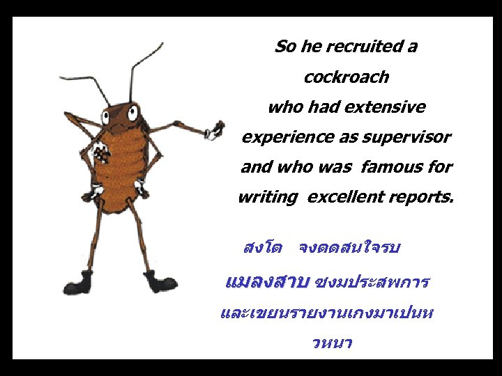 So he recruited a cockroach who had extensive experience as supervisor and who was