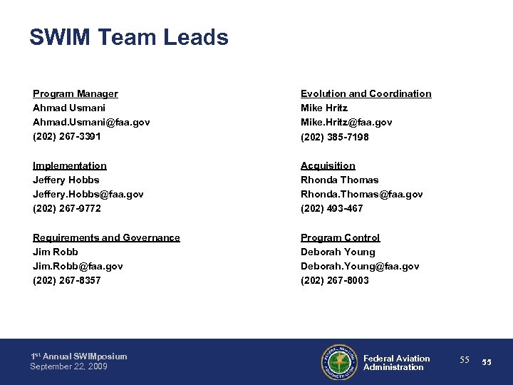 SWIM Team Leads Program Manager Ahmad Usmani Ahmad. Usmani@faa. gov (202) 267 -3391 Evolution