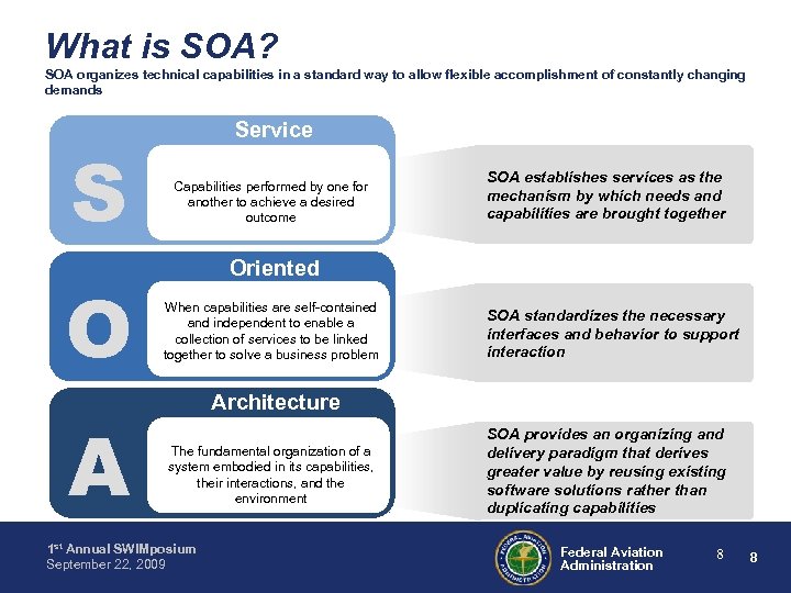 What is SOA? SOA organizes technical capabilities in a standard way to allow flexible