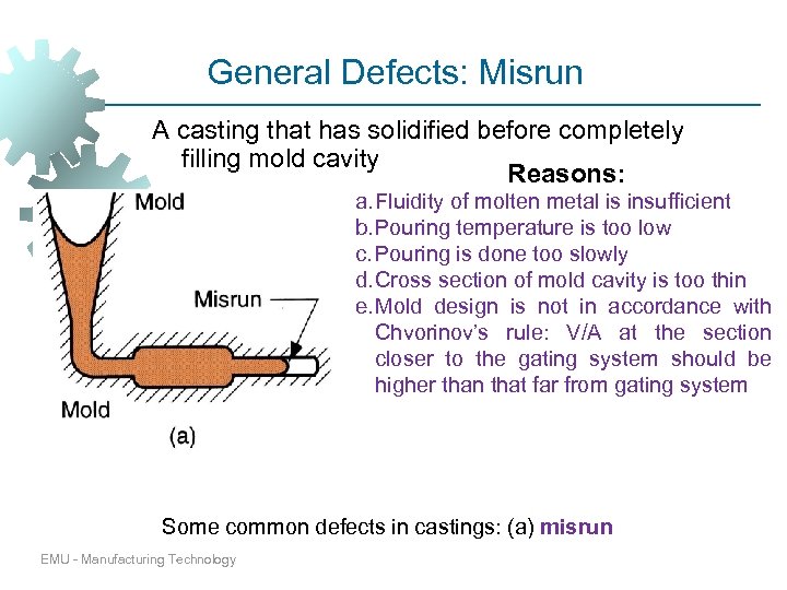 General Defects: Misrun A casting that has solidified before completely filling mold cavity Reasons: