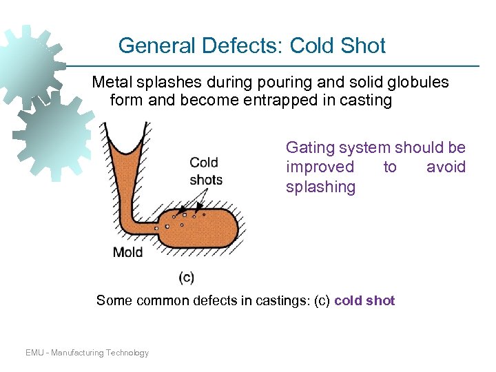 General Defects: Cold Shot Metal splashes during pouring and solid globules form and become
