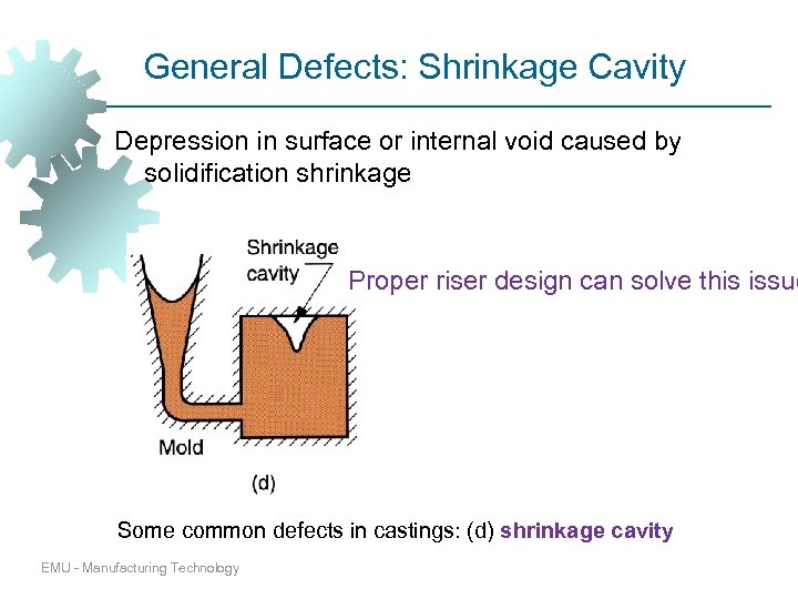 General Defects: Shrinkage Cavity Depression in surface or internal void caused by solidification shrinkage