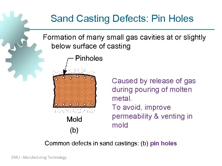 Sand Casting Defects: Pin Holes Formation of many small gas cavities at or slightly