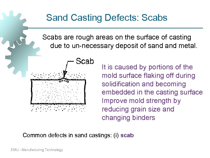 Sand Casting Defects: Scabs are rough areas on the surface of casting due to