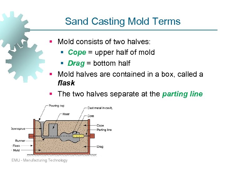 Sand Casting Mold Terms § Mold consists of two halves: § Cope = upper