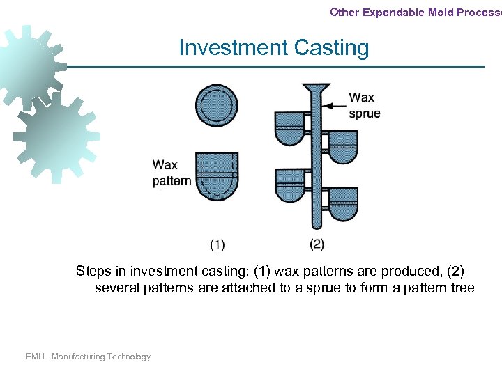 Other Expendable Mold Processe Investment Casting Steps in investment casting: (1) wax patterns are