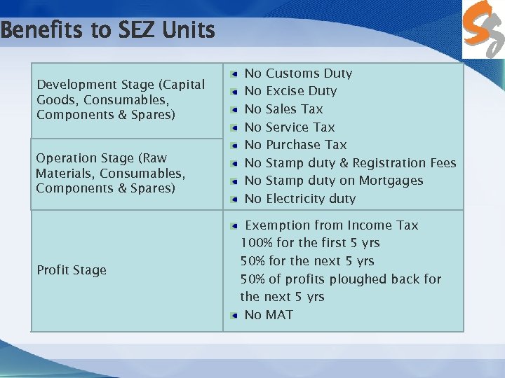 Benefits to SEZ Units Development Stage (Capital Goods, Consumables, Components & Spares) Operation Stage