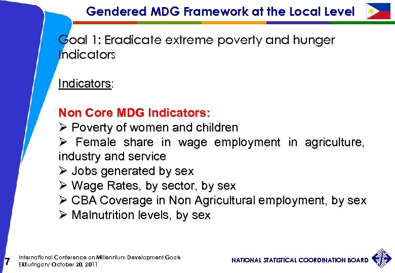 Gendered MDG Framework at the Local Level Goal 1: Eradicate extreme poverty and hunger