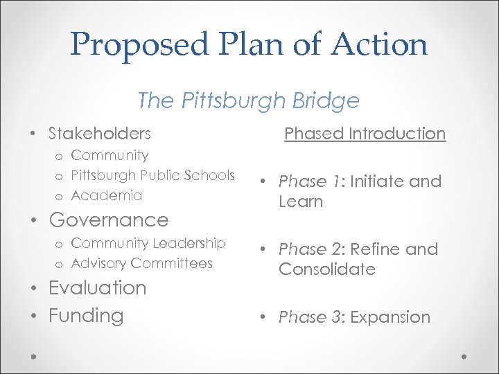 Proposed Plan of Action The Pittsburgh Bridge • Stakeholders o Community o Pittsburgh Public