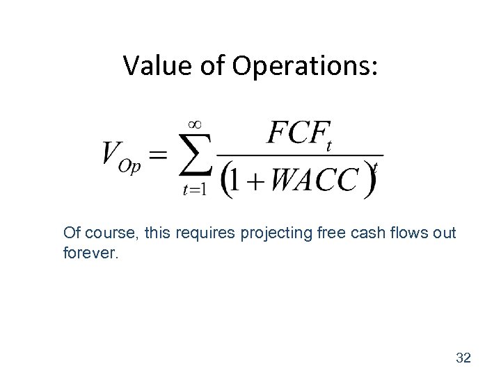 Value of Operations: Of course, this requires projecting free cash flows out forever. 32