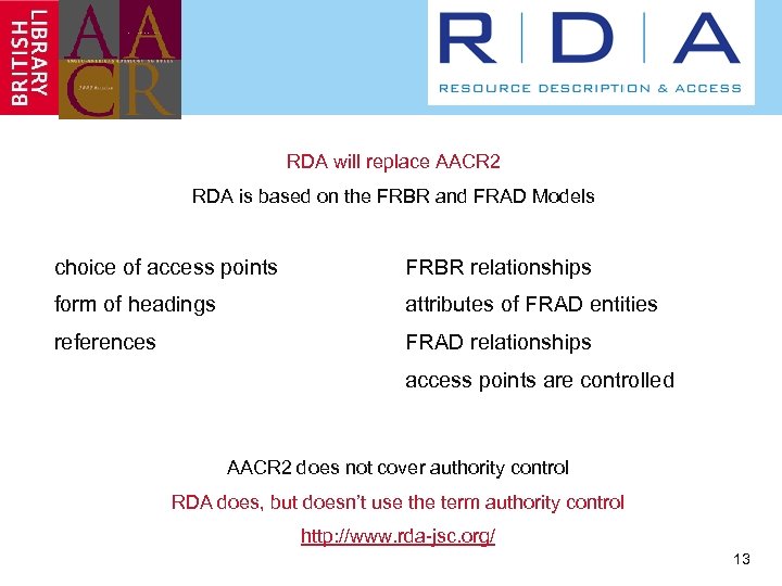 RDA will replace AACR 2 RDA is based on the FRBR and FRAD Models