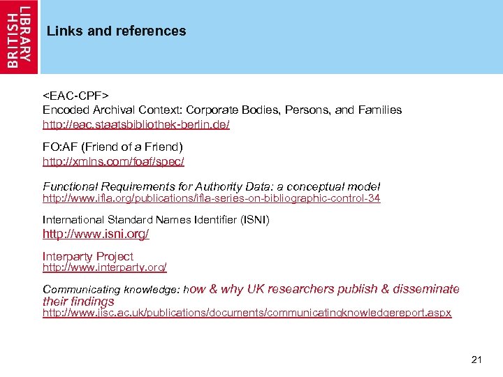 Links and references <EAC-CPF> Encoded Archival Context: Corporate Bodies, Persons, and Families http: //eac.