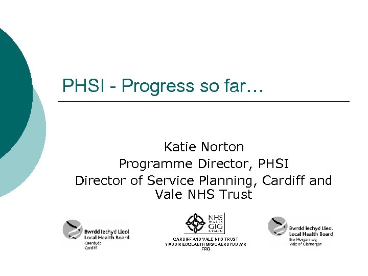 PHSI - Progress so far… Katie Norton Programme Director, PHSI Director of Service Planning,