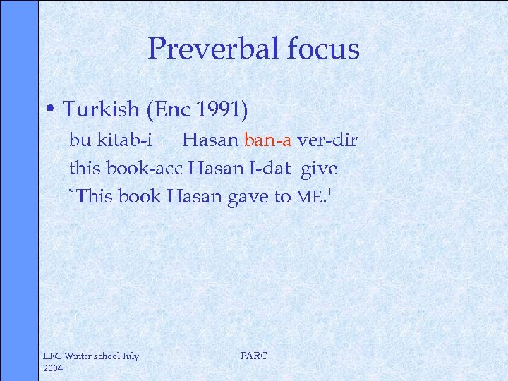 Preverbal focus • Turkish (Enc 1991) bu kitab-i Hasan ban-a ver-dir this book-acc Hasan