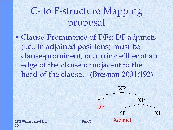 C- to F-structure Mapping proposal • Clause-Prominence of DFs: DF adjuncts (i. e. ,