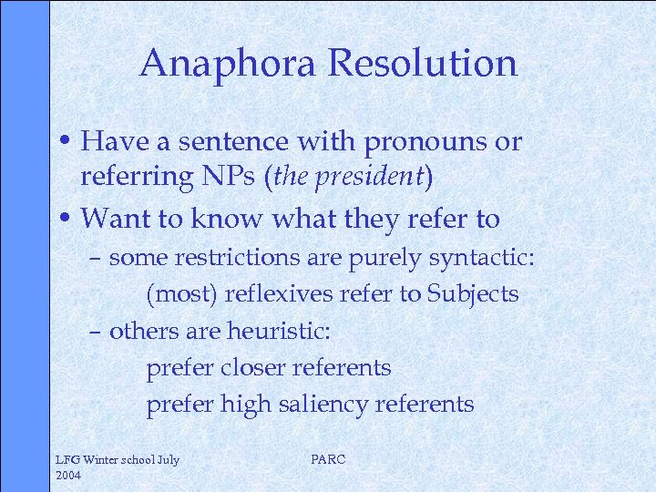 Anaphora Resolution • Have a sentence with pronouns or referring NPs (the president) •
