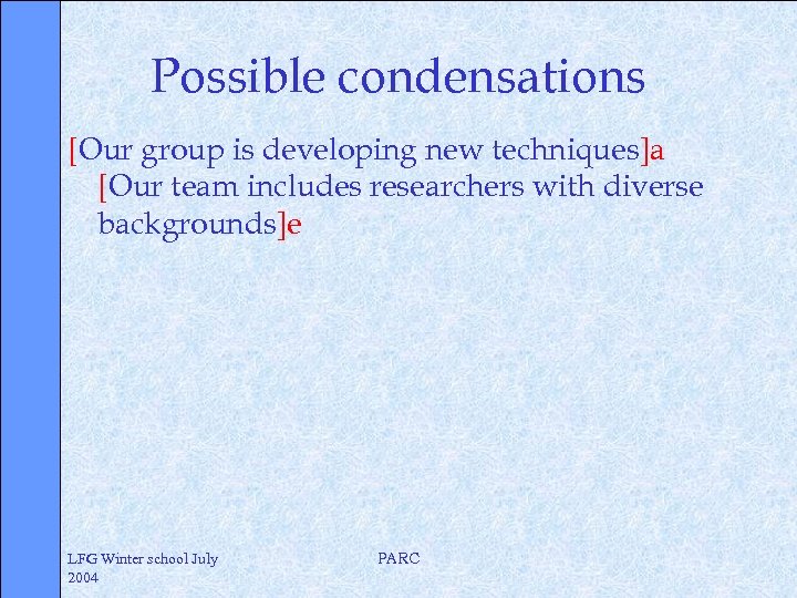 Possible condensations [Our group is developing new techniques]a [Our team includes researchers with diverse