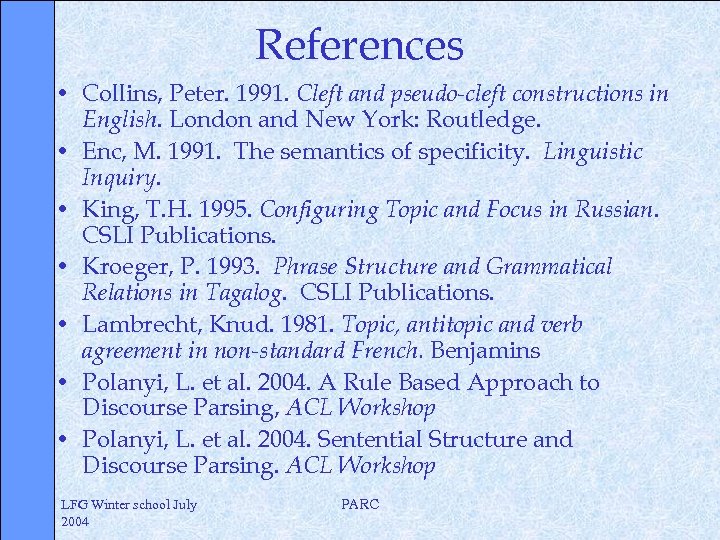 References • Collins, Peter. 1991. Cleft and pseudo-cleft constructions in English. London and New