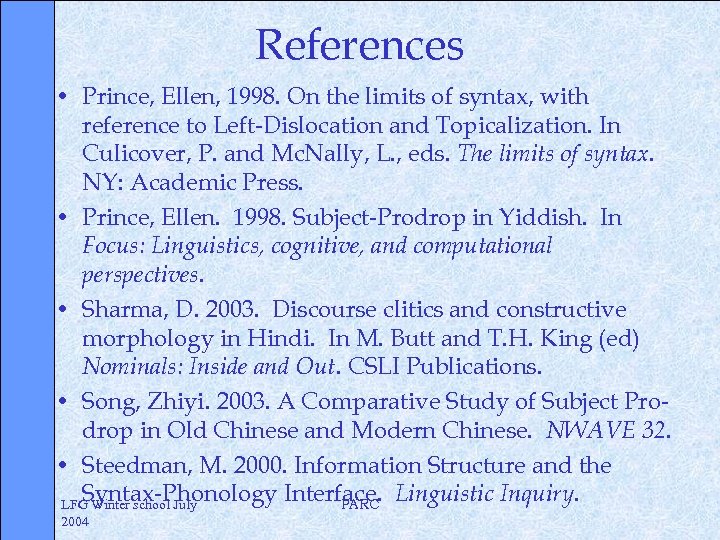 References • Prince, Ellen, 1998. On the limits of syntax, with reference to Left-Dislocation