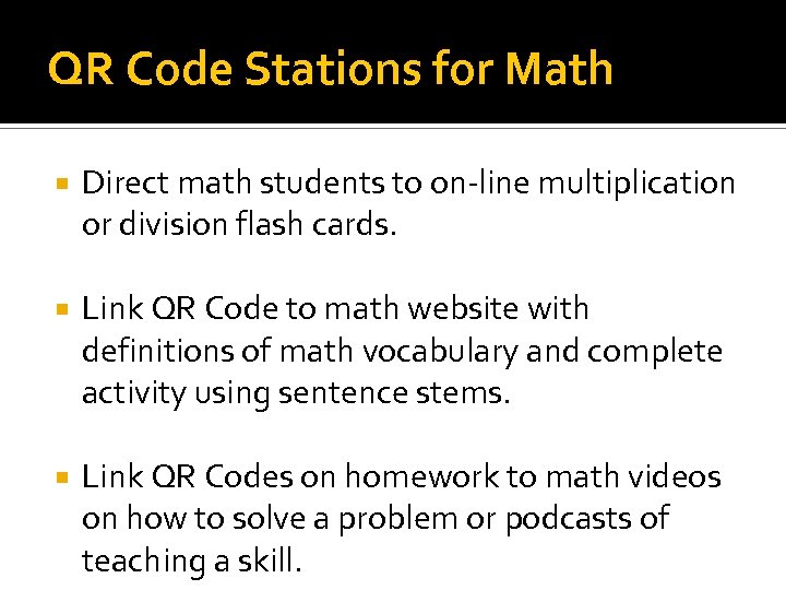 QR Code Stations for Math Direct math students to on-line multiplication or division flash