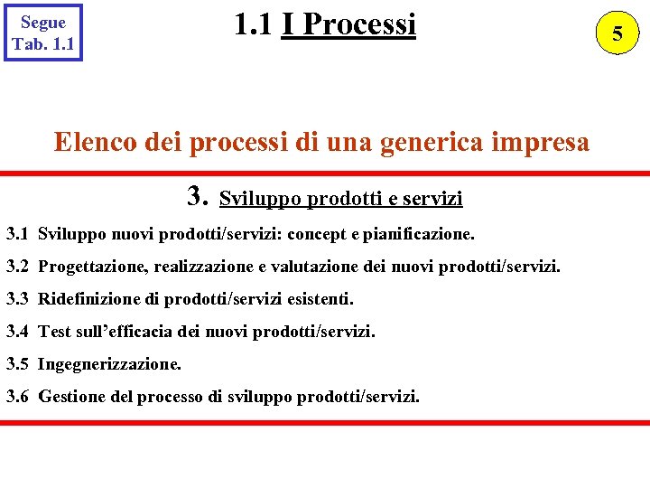 1. 1 I Processi Segue Tab. 1. 1 Elenco dei processi di una generica