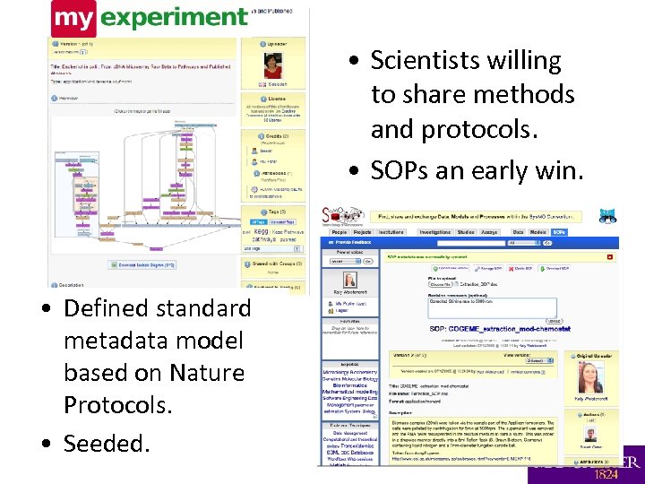  • Scientists willing to share methods and protocols. • SOPs an early win.
