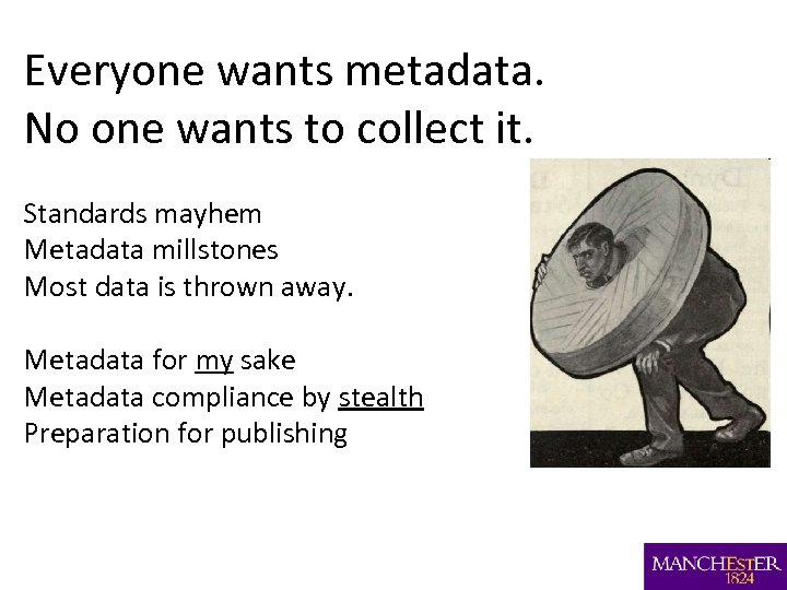 Everyone wants metadata. No one wants to collect it. Standards mayhem Metadata millstones Most