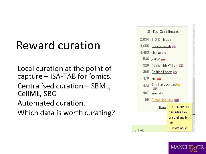 Reward curation Local curation at the point of capture – ISA-TAB for ‘omics. Centralised