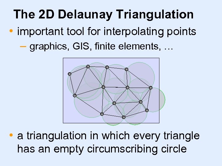 The 2 D Delaunay Triangulation • important tool for interpolating points – graphics, GIS,