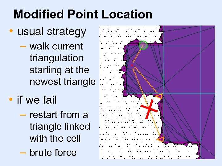 Modified Point Location • usual strategy – walk current triangulation starting at the newest