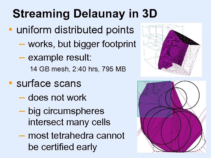 Streaming Delaunay in 3 D • uniform distributed points – works, but bigger footprint
