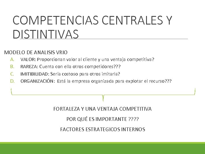 COMPETENCIAS CENTRALES Y DISTINTIVAS MODELO DE ANALISIS VRIO A. B. C. D. VALOR: Proporcionan