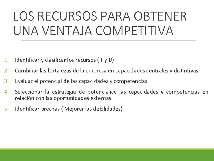 LOS RECURSOS PARA OBTENER UNA VENTAJA COMPETITIVA 1. Identificar y clasificar los recursos (