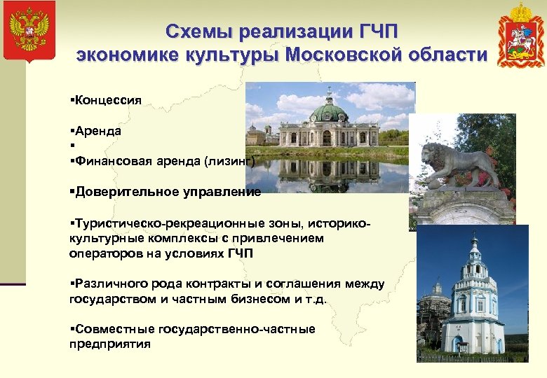 Схемы реализации ГЧП экономике культуры Московской области §Концессия §Аренда § §Финансовая аренда (лизинг) §Доверительное