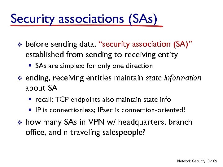 Security associations (SAs) v before sending data, “security association (SA)” established from sending to