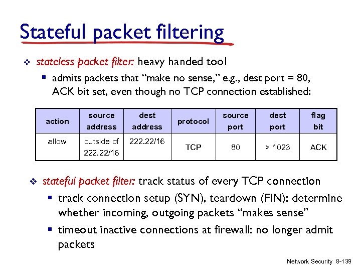 Stateful packet filtering v stateless packet filter: heavy handed tool § admits packets that